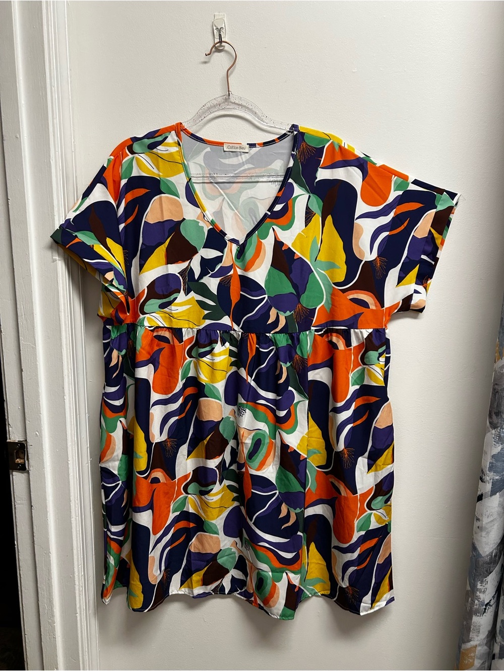 Abstract Multi-Color V-Neck Mini Dress